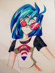 Size: 600x800 | Tagged: safe, artist:artfrog75, dj pon-3, vinyl scratch, human, clothes, humanized, midriff, short shirt, solo, traditional art