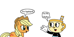 Size: 1600x800 | Tagged: safe, artist:marcospower1996, artist:mega-shonen-one-64, applejack, earth pony, pony, crossover, cuphead, dialogue, meeting, ms. chalice, simple background, studio mdhr, white background