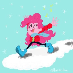 Size: 1000x1000 | Tagged: safe, artist:horatio_kun, pinkie pie, equestria girls, clothes, eyes closed, female, jacket, open mouth, scarf, shoes, snow, solo