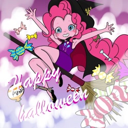 Size: 1000x1000 | Tagged: safe, artist:horatio_kun, pinkie pie, equestria girls, armpits, broom, female, flying, flying broomstick, happy halloween, solo, witch