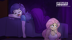 Size: 2000x1125 | Tagged: safe, artist:joaoppereiraus, fluttershy, rarity, equestria girls, bed, breasts, clothes, female, hootershy, rearity, sleeping, snoring