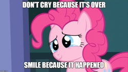 Size: 889x500 | Tagged: safe, edit, edited screencap, screencap, pinkie pie, earth pony, pony, baby cakes, caption, dr. seuss, end of ponies, happy, image macro, impact font, meme, series finale, smiling, teary eyes, text