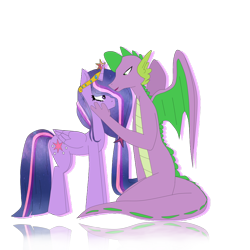 Size: 894x894 | Tagged: safe, artist:est1miyamae, spike, twilight sparkle, twilight sparkle (alicorn), alicorn, dragon, pony, adult, adult spike, crown, crying, female, hand on chin, hilarious in hindsight, jewelry, male, older, older spike, regalia, shipping, simple background, straight, twispike, white background