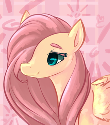 Size: 1020x1163 | Tagged: safe, artist:voidsucre, fluttershy, pegasus, pony, abstract background, beautiful, female, hair over one eye, lidded eyes, mare, smiling, solo