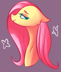 Size: 721x859 | Tagged: safe, artist:voidsucre, fluttershy, pegasus, pony, female, floppy ears, lidded eyes, looking back, mare, profile, purple background, simple background, smiling, solo