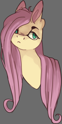 Size: 490x982 | Tagged: safe, artist:voidsucre, fluttershy, pegasus, pony, bust, female, frown, gray background, hair over one eye, lidded eyes, long hair, mare, simple background, solo