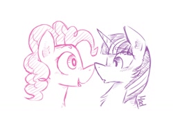 Size: 1024x768 | Tagged: safe, artist:mad-maker-cat, pinkie pie, twilight sparkle, earth pony, pony, unicorn, :o, boop, chest fluff, eye contact, female, lesbian, looking at each other, mare, noseboop, open mouth, shipping, simple background, sketch, smiling, twinkie, white background, wide eyes