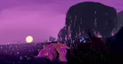 Size: 1280x670 | Tagged: safe, artist:voidsucre, fluttershy, pegasus, pony, cattails, drinking, female, lilypad, mare, moon, night, pond, solo, tree, water, weeping willow