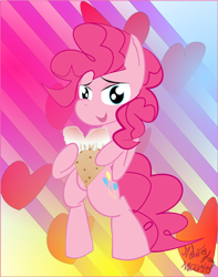 Size: 1024x1297 | Tagged: safe, artist:ndogmario, pinkie pie, earth pony, pony, abstract background, bipedal, cookie, food, frosting, heart shaped, holiday, looking at you, standing upright, valentine's day