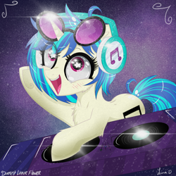 Size: 3000x3000 | Tagged: safe, artist:darkest-lunar-flower, dj pon-3, vinyl scratch, pony, unicorn, blushing, cheek fluff, chest fluff, cute, ear fluff, female, heart, heart hoof, leg fluff, mare, open mouth, smiling, solo, space, starry eyes, turntable, underhoof, vinylbetes, wingding eyes