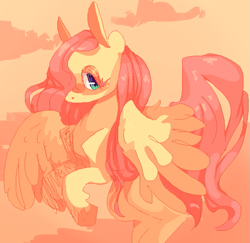 Size: 571x554 | Tagged: safe, artist:voidsucre, fluttershy, pegasus, pony, abstract background, blush sticker, blushing, female, flying, hair over one eye, looking at you, mare, pixel art, solo