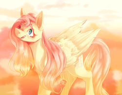 Size: 1280x991 | Tagged: safe, artist:voidsucre, fluttershy, pegasus, pony, abstract background, female, looking up, mare, open mouth, solo, stray strand