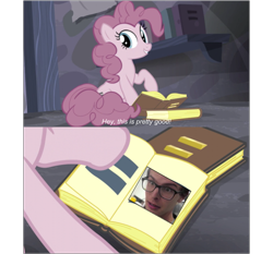 Size: 769x718 | Tagged: safe, edit, edited screencap, editor:countcoltnackh, screencap, pinkie pie, earth pony, human, pony, the cutie map, book, caption, crossover, dank memes, equal sign, exploitable meme, glasses, hey that's pretty good, idubbbz, image macro, meme, solo, text, youtube