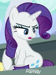 Size: 674x908 | Tagged: safe, screencap, applejack, rarity, earth pony, pony, unicorn, the washouts (episode), cropped, discovery family logo, disgusted, female, mare, offscreen character, sitting, solo focus