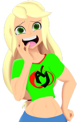 Size: 1242x1920 | Tagged: safe, artist:7los7, applejack, equestria girls, belly button, blonde, clothes, hatless, looking at you, midriff, missing accessory, shocked, short shirt, simple background, solo, transparent background