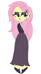 Size: 711x1280 | Tagged: safe, artist:thatdamnchristian, fluttershy, equestria girls, fake it 'til you make it, clothes, dress, ear piercing, eyeshadow, female, fluttergoth, goth, hair accessory, lidded eyes, makeup, piercing, simple background, skull, solo, white background