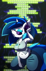 Size: 828x1280 | Tagged: safe, artist:hypnofur, dj pon-3, vinyl scratch, anthro, unicorn, abstract background, clothes, drool, female, headphones, hypnosis, kneeling, signature, solo, sunglasses, swirly eyes, tech control