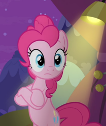 Size: 504x603 | Tagged: safe, screencap, pinkie pie, earth pony, pony, horse play, bipedal, cropped, crossed hooves, female, looking at you, mare