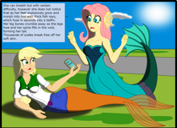 Size: 3080x2224 | Tagged: safe, artist:physicrodrigo, edit, editor:rmzero, part of a series, part of a set, applejack, fluttershy, mermaid, series:equestria mermaids, equestria girls, cellphone, clothes, cloud, coast, curse, cursed, day, dialogue, dress, mermaidized, ocean, phone, smartphone, species swap, text