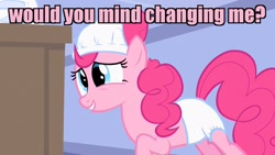 Size: 1280x720 | Tagged: safe, edit, edited screencap, screencap, pinkie pie, pony, baby cakes, adult foal, derp, diaper, diaper fetish, diaper on head, fetish, leaning, raised hoof, solo