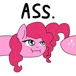 Size: 1000x1000 | Tagged: safe, artist:t0xicadavre, pinkie pie, earth pony, pony, :i, ass, balloonbutt, butt, female, how, lidded eyes, looking at something, mare, pinkie being pinkie, pinkie physics, plot, ponk, silly, simple background, solo, text, wat, white background