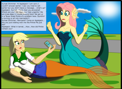 Size: 3080x2224 | Tagged: safe, artist:physicrodrigo, edit, editor:rmzero, part of a series, part of a set, applejack, fluttershy, mermaid, series:equestria mermaids, equestria girls, cellphone, clothes, cloud, coast, curse, cursed, day, dialogue, dress, implied pinkie pie, implied sunset shimmer, mermaidized, ocean, phone, smartphone, species swap, text