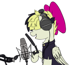 Size: 2413x2156 | Tagged: safe, artist:prismstreak, songbird serenade, pegasus, pony, my little pony: the movie, bow, chest fluff, female, hair bow, headphones, microphone, open mouth, recording studio, simple background, singing, sitting, solo, tinyface, white background