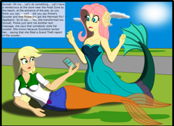 Size: 3080x2224 | Tagged: safe, artist:physicrodrigo, edit, editor:rmzero, part of a series, part of a set, applejack, fluttershy, mermaid, series:equestria mermaids, equestria girls, cellphone, clothes, cloud, coast, curse, cursed, day, dialogue, dress, implied pinkie pie, implied scootaloo, implied sunset shimmer, mermaidized, ocean, phone, smartphone, species swap, text