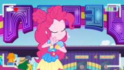 Size: 1366x768 | Tagged: safe, screencap, bright idea, cherry crash, dj pon-3, microchips, paisley, pinkie pie, sweet leaf, valhallen, vinyl scratch, better together, equestria girls, five lines you need to stand in, background human, clothes, eyes closed, female, male, offscreen character, recording, written equestrian