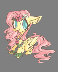 Size: 2428x3000 | Tagged: safe, artist:citrus-flamingo, fluttershy, pegasus, pony, :p, colored pupils, cute, ear fluff, female, floral head wreath, flower, flower necklace, gray background, mare, prone, shyabetes, simple background, solo, tongue out