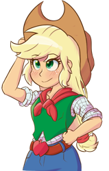 Size: 694x1094 | Tagged: safe, artist:mandy1412, applejack, equestria girls, bandana, belt, clothes, cowboy hat, cute, denim skirt, female, freckles, hat, shirt, simple background, skirt, smiling, solo, stetson, transparent background