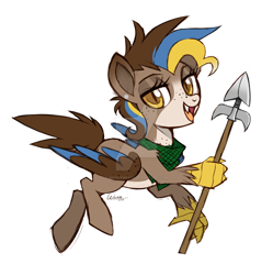 Size: 1024x1029 | Tagged: safe, artist:wicklesmack, oc, oc only, oc:gertrude, hippogriff, female, simple background, solo, spear, watermark, weapon, white background