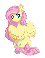 Size: 850x1100 | Tagged: safe, artist:anvalina, fluttershy, pegasus, pony, colored pupils, cute, female, looking back, looking over shoulder, mare, rear view, shyabetes, simple background, sitting, solo, spread wings, transparent background, white outline, wings