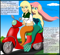 Size: 2568x2341 | Tagged: safe, artist:physicrodrigo, edit, editor:rmzero, part of a series, part of a set, applejack, fluttershy, mermaid, series:equestria mermaids, equestria girls, clothes, cloud, coast, curse, cursed, day, dialogue, dress, mermaidized, ocean, patrol, police, police car, scooter, species swap, text