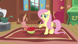 Size: 1280x720 | Tagged: safe, screencap, fluttershy, philomena, pegasus, phoenix, pony, a bird in the hoof, bowl, duo, food, not blood, out of context, raised hoof, soup