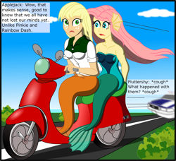 Size: 2568x2341 | Tagged: safe, artist:physicrodrigo, edit, editor:rmzero, part of a series, part of a set, applejack, fluttershy, mermaid, series:equestria mermaids, equestria girls, clothes, cloud, coast, curse, cursed, day, dialogue, dress, implied pinkie pie, implied rainbow dash, mermaidized, ocean, patrol, police, police car, scooter, species swap, text