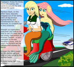 Size: 2568x2341 | Tagged: safe, artist:physicrodrigo, edit, editor:rmzero, part of a series, part of a set, applejack, fluttershy, mermaid, series:equestria mermaids, equestria girls, clothes, cloud, coast, curse, cursed, day, dialogue, dress, implied pinkie pie, implied rainbow dash, implied rarity, mermaidized, ocean, patrol, police, police car, scooter, species swap, text