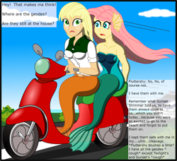 Size: 2568x2341 | Tagged: safe, artist:physicrodrigo, edit, editor:rmzero, part of a series, part of a set, applejack, fluttershy, mermaid, series:equestria mermaids, equestria girls, clothes, cloud, coast, curse, cursed, day, dialogue, dress, geode of super strength, implied sunset shimmer, implied twilight sparkle, mermaidized, ocean, patrol, police, police car, scooter, species swap, text