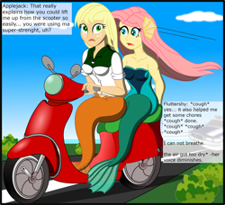 Size: 2568x2341 | Tagged: safe, artist:physicrodrigo, edit, editor:rmzero, part of a series, part of a set, applejack, fluttershy, mermaid, series:equestria mermaids, equestria girls, clothes, cloud, coast, curse, cursed, day, dialogue, dress, geode of super strength, gills, mermaidized, ocean, patrol, police, police car, scooter, species swap, text