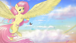 Size: 4800x2700 | Tagged: safe, artist:maneingreen, fluttershy, butterfly, pegasus, pony, blushing, cloud, rainbow, sky, solo, spread wings, wings