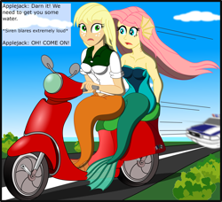 Size: 2568x2341 | Tagged: safe, artist:physicrodrigo, edit, editor:rmzero, part of a series, part of a set, applejack, fluttershy, mermaid, series:equestria mermaids, equestria girls, clothes, cloud, coast, curse, cursed, day, dialogue, dress, geode of super strength, mermaidized, ocean, patrol, police, police car, scooter, species swap, text