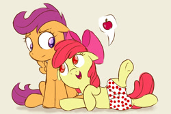 Size: 1280x853 | Tagged: safe, artist:dtcx97, edit, apple bloom, scootaloo, earth pony, pegasus, pony, boxers, clothes, cute, female, filly, floppy ears, lesbian, open mouth, polka dot underwear, scootabloom, shipping, simple background, underwear, white background