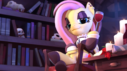 Size: 1920x1080 | Tagged: safe, artist:owlpirate, fluttershy, pegasus, pony, fake it 'til you make it, 3d, apple, apple slice, book, bookshelf, candle, clothes, ear piercing, eyeshadow, fluttergoth, food, glass, hooves, jewelry, makeup, piercing, shoes, sitting, sitting up, skull, solo, source filmmaker, wine glass