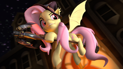 Size: 1920x1080 | Tagged: safe, artist:owlpirate, fluttershy, bat pony, bats!, bat ponified, bat wings, broom, crossover, flutterbat, hat, mercy, overwatch, race swap, red eyes, wings, witch hat, witch mercy