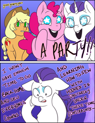 Size: 1280x1656 | Tagged: safe, artist:nichroniclesvsart, applejack, pinkie pie, rarity, earth pony, pony, unicorn, series:princess sciset, 2 panel comic, alternate hairstyle, comic, implied princess twilight, starry eyes, wingding eyes