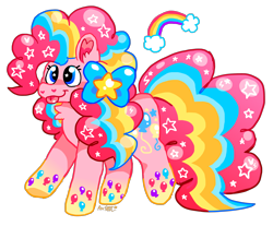 Size: 3000x2479 | Tagged: safe, artist:raystar-draws, pinkie pie, earth pony, pony, alternate hairstyle, bow, bright colours, chest fluff, colored lineart, cute, ear fluff, ethereal mane, female, hair bow, kidcore, long mane, long tail, mare, rainbow, rainbow power, signature, simple background, smiling, solo, sparkles, starry mane, tongue out, transparent background, wingding eyes