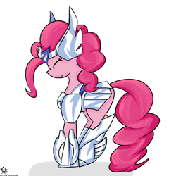 Size: 3936x3936 | Tagged: safe, artist:ruiont, pinkie pie, earth pony, pony, armor, eyes closed, female, high res, hooves, mare, saint seiya, simple background, solo, white background