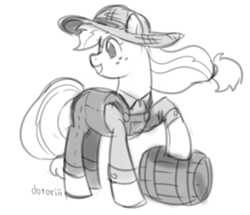 Size: 1280x1099 | Tagged: safe, artist:dotoriii, applejack, earth pony, pony, barrel, clothes, hat, sketch, smiling, solo