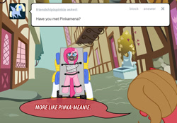 Size: 1148x800 | Tagged: safe, artist:ladyanidraws, pinkie pie, oc, oc:pun, earth pony, pony, ask, ask pun, bondage, female, hannibal lecter, mare, mask, pinkamena diane pie, royal guard, straitjacket, straps