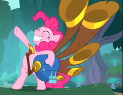 Size: 912x709 | Tagged: safe, screencap, pinkie pie, earth pony, pony, yakity-sax, bipedal, cropped, eyes closed, female, hooves in air, mare, raised hoof, smiling, solo, yovidaphone